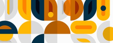 Soyut geometrik desen. Üst üste binen şekiller orta çağ modern estetiği yaratır. Sıcak renkler tasarıma hakim. Basit formlar tekrarla.