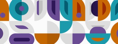 Abstract geometric pattern. Shapes overlap, creating colorful midcentury modern design. Teal, purple, orange dominate composition.