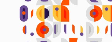 Soyut geometrik desen. Daireler, dikdörtgenler, çizgiler tekrarlanan dizaynlar yaratır. Turuncu, mor renkler kompozisyona hakim. Minimalist stil.