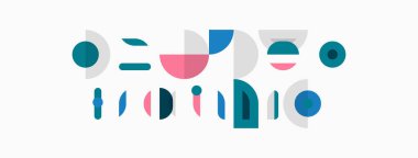 Soyut geometrik şekiller, renkli tasarım, minimalist tarz. Kompozisyonda daireler, kareler, dikdörtgenler, çizgiler var. Modern estetik.