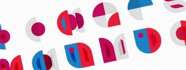 Soyut geometrik şekiller tekrar eder. Çemberler, kavisler, segmentler eğlenceli desenler oluşturur. Renkler kırmızı, mavi, pembe, gri. Minimalist tasarım.