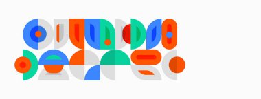 Soyut geometrik şekiller, canlı renkler, oyuncu tasarım. Çemberler, kareler, dikdörtgenler modern desenler yaratır. Minimalist estetik.