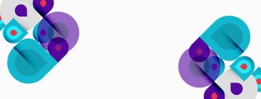 Soyut geometrik şekiller, turkuaz, mor, beyaz arkaplan. Üst üste binen daireler, kareler modern tasarım yaratır. Minimalist kompozisyon.