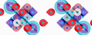 Soyut geometrik desen. Üst üste binen daireler, kareler renkli tasarım yaratır. Minimalist tarz, modern estetik. Parlak renkler kompozisyona hakim.