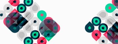 Soyut geometrik desen. Üst üste binen daireler, kareler dinamik görsel doku oluşturur. Teal, pembe, gri baskın kompozisyon. Modern tasarım.