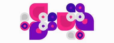 Soyut şekiller, pembeler, morlar kompozisyona hakim. Çemberler, kareler çakışır ve eğlenceli görsel efektler yaratır. Modern tasarım.