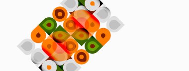 Soyut geometrik desen. Daireler, kareler örtüşüyor renkli bir tasarım yaratıyorlar. Modern estetik, basit şekiller kompozisyona hakim..