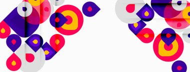 Soyut geometrik şekiller örtüşür, canlı renkli desenler yaratır. Daireler, kareler, dikdörtgenler kompozisyona hakim. Beyaz arkaplan karşıtlığı artırır.