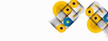 Soyut geometrik şekiller, sarı daireler, gri kareler, mavi noktalar. Minimalist tasarım, temiz çizgiler, modern estetik. Basit kompozisyon.