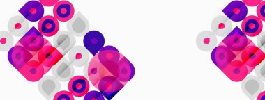 Soyut geometrik şekiller, canlı pembeler, morlar, beyazlar. Üst üste binen daireler dinamik görsel doku yaratır. Modern tasarım elemanları.