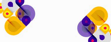 Soyut geometrik şekiller, sarı, mor, turuncu. Minimalist tasarım, temiz arka plan, modern estetik. Basit kompozisyon, oyuncu elementler.