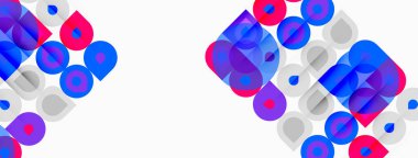 Soyut geometrik şekiller, canlı maviler, pembeler, morlar. Üst üste binen daireler, kareler dinamik desenler oluşturur. Modern tasarım.