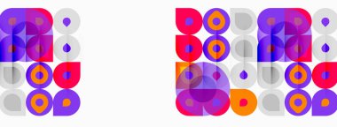 Soyut geometrik desenler tekrarlanıyor. Çemberler, kareler örtüşüyor ve canlı görsel doku oluşturuyor. Modern tasarım ögeleri cesur renk şeması sunar.