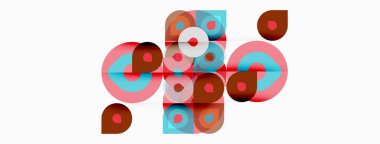 Üst üste binen daireler, kareler içeren soyut bir kompozisyon. Renkler kırmızı, mavi, beyaz, gri. Minimalist tasarım, geometrik şekiller görüntüye hakim..