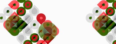 Soyut geometrik şekiller, daireler, kareler kesişir. Kırmızı, yeşil, gri renkler beyaz arkaplana hakim. Modern tasarım ögesi.