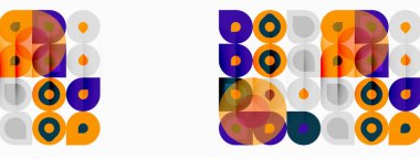 Geometrik desenler tekrar ediyor. Daireler, kareler, dikdörtgenler örtüşüyor ve canlı bir görsel doku oluşturuyor. Turuncu, mor, gri baskın kompozisyon.