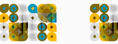 Geometrik desenler üst üste binen daireler, kareler, sessiz renkler. Minimalist tasarım retro estetik ve dengeli kompozisyon yaratır..