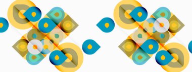 Soyut geometrik desen. Daireler, kareler örtüşüyor renkli bir tasarım yaratıyorlar. Modern estetik, basit şekiller kusursuz bir şekilde tekrarlanır..