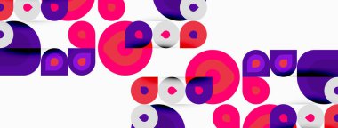 Soyut desenler üst üste binen daireler. Pembe, mor, turuncu renkler beyaz arkaplana hakim. Modern tasarım, eğlenceli kompozisyon.