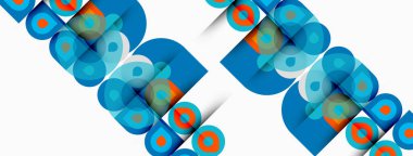 Soyut şablon tekrarlayan mavi kareler, daireler içeriyor. Turuncu, yeşil aksanlar dinamik görsel ritim yaratır. Temiz tasarım.