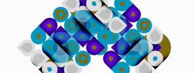 Soyut geometrik desen. Kareler, daireler örtüşüyor ve canlı bir görsel doku oluşturuyor. Mavi, kahverengi tonlar kompozisyona hakim..