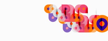 Soyut şekiller örtüşür, canlı renk bileşimi yaratır. Pembe, mor, turuncu renkler tasarımda baskın. Minimalist estetik.