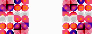 Retro desen üst üste binen daireler, canlı renkler içeriyor. Pembe, turuncu, mor baskın tasarım. Temiz beyaz boşluk mevcut.