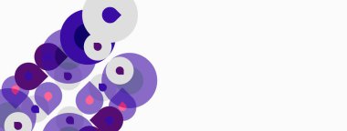 Soyut daireler örtüşüyor, dinamik mor gölgeler yaratıyor. Beyaz alan sağ tarafa hükmediyor, temiz kontrast sunuyor. Modern tasarım.