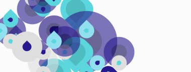 Soyut daireler çakışıyor ve sıvı şekiller oluşturuyor. Mavi, mor renkler beyaz arkaplana hükmediyor. Modern tasarım ögesi.