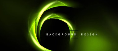 Soyut yeşil çizgiler kıvrılarak dinamik enerji yaratıyor. Koyu arkaplan parlak eğrileri vurgular, metin arkaplan tasarımı okur.
