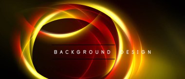 Dinamik soyut tasarım canlı turuncu, kırmızı, sarı ışık çizgilerine sahiptir. Siyah arkaplan parlayan dairesel biçimleri vurgular, metin örtüsü mevcut.