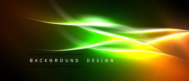 Soyut canlı dalgalar, parıldayan çizgiler. Karanlık arka plan dinamik görsel efekt yaratır. Sunumlar için modern tasarım ögesi.