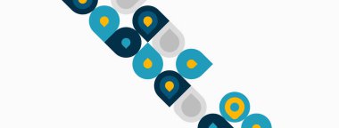 Soyut tasarım tekrarlayan daireler, kareler içerir. Renkler arasında deniz mavisi, gri, altın var. Minimalist kompozisyon, köşegen düzenleme.