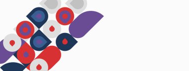 Soyut geometrik şekiller, daireler, kareler, dikdörtgenler. Kırmızı, mor, donanma renkleri beyaz arkaplana hakim. Modern tasarım elemanları.