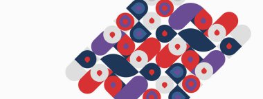 Soyut model. Renkli şekiller örtüşüyor, dinamik görsel doku oluşturuyor. Kırmızı, mor, donanma egemen bileşimi. Modern tasarım ögesi.