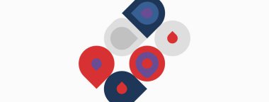 Soyut tasarım üst üste binen daireler, kırmızı, gri, mavi renkler. Minimalist kompozisyon, temiz çizgiler, modern estetik. Basit şekiller görsel ilgi yaratır.