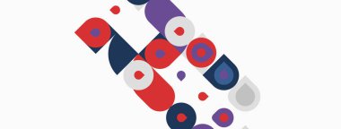 Soyut geometrik şekiller, daireler, kareler, dikdörtgenler. Kırmızı, mor, bej renkler kompozisyona hakim. Minimalist tasarım, modern estetik.