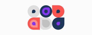 Renkli daireler düzenlenmiş. Çeşitli renkler mevcut, mor, gri, pembe, mavi, turuncu. Basit geometrik tasarım.