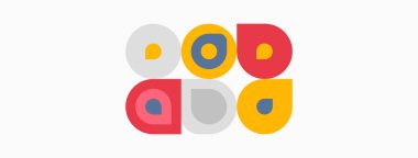 Renkli daireler şebeke şeklinde dizilmiş. Basit geometrik şekiller, modern tasarım, canlı renkler, minimalist estetik.