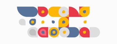 Soyut geometrik şekiller, daireler, kıvrımlar, canlı renkler. Modern tasarım, eğlenceli kompozisyon, minimalist estetik. Basit formlar görsel ilgi yaratır.