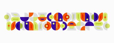 Soyut geometrik desen. Çemberler, kavisler, dikdörtgenler tekrar eden motifleri birleştirir. Parlak renkler mevcut, minimalist stil.