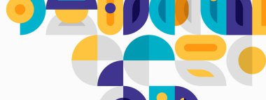 Soyut geometrik şekiller örtüşüyor, renkli modern desenler yaratıyor. Daireler, kavisler, dikdörtgenler dinamik bileşim oluşturur. Parlak renkler baskın gelir.