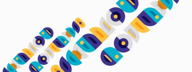 Renkli kesişen daireler soyut desenler oluşturur. Şekiller, boyutlar, renkler, açılar değişir. Tasarım neşeli, modern hissettiriyor..