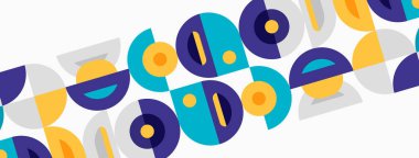 Soyut geometrik desen. Daireler, kavisler, dikdörtgenler örtüşüyor ve canlı bir görsel doku oluşturuyor. Parlak renkler kompozisyona hakim.