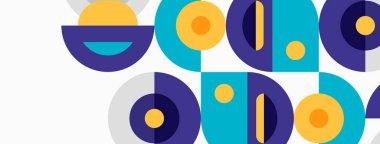 Abstract geometric shapes, vibrant colors, modern design. Circles, semicircles create playful pattern. Minimalist aesthetic, clean lines.