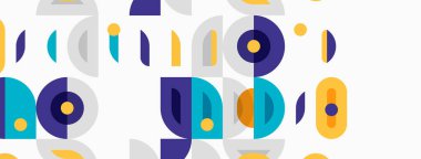 Soyut geometrik desen. Daireler, dikdörtgenler, çizgiler eğlenceli bir kompozisyon oluşturur. Sönük maviler, morlar, sarılar dizaynın hakimi. Minimalist estetik.