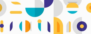 Soyut geometrik şekiller, canlı renkler, modern tasarım. Üst üste binen daireler, dikdörtgenler oyuncu desenler oluşturur. Stüdyo markası görünür.