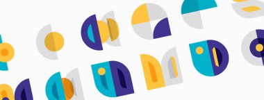 Soyut geometrik şekiller, daireler, eğriler, üçgenler. Parlak renkler neşeli desen yaratır, modern tasarım estetik.