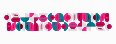 Soyut geometrik şekiller, pembe, yeşil, mor. Çemberler, dikdörtgenler şekil oluşturur. Minimalist tasarım, düz çizim.