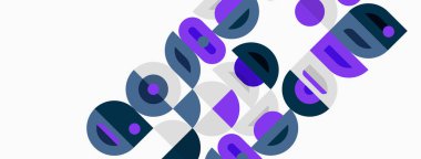 Soyut geometrik şekiller çakışıyor, dinamik görsel desen oluşturuyor. Mor, gri, beyaz renkler kompozisyona hakim. Minimalist tasarım.